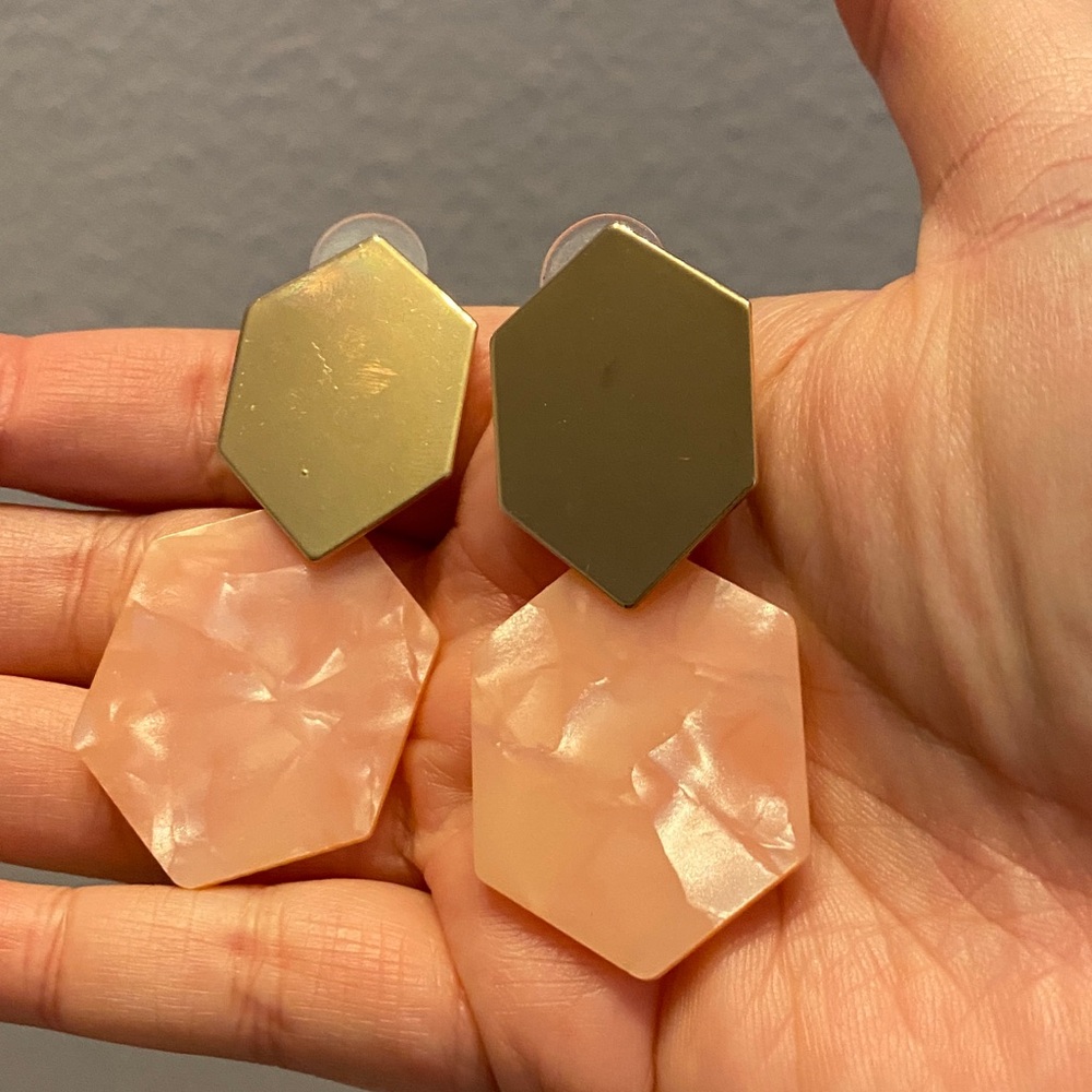Hexagonal Gold and Pink Dangle Earrings